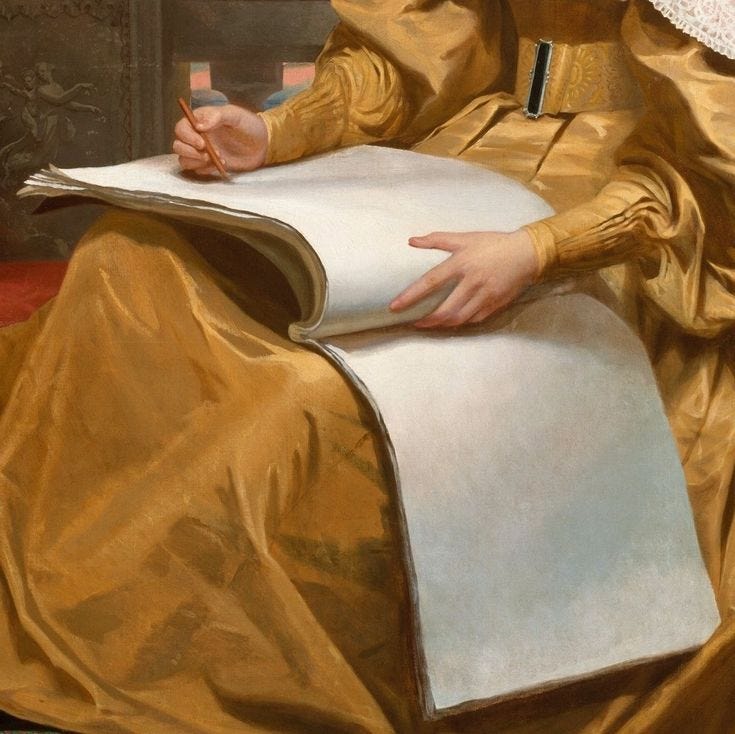 This may contain: a painting of a woman in gold holding a book