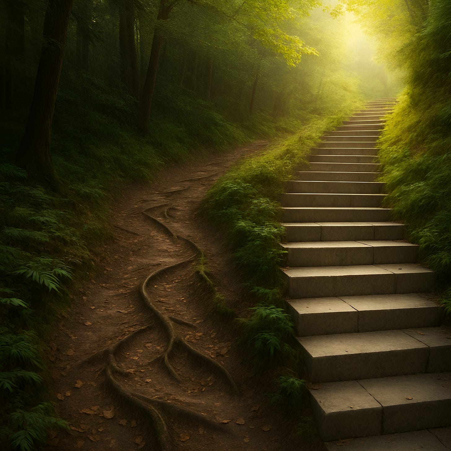 A winding forest path transitioning into structured stone steps, symbolizing the journey from uncertainty to clarity in personal growth therapy.