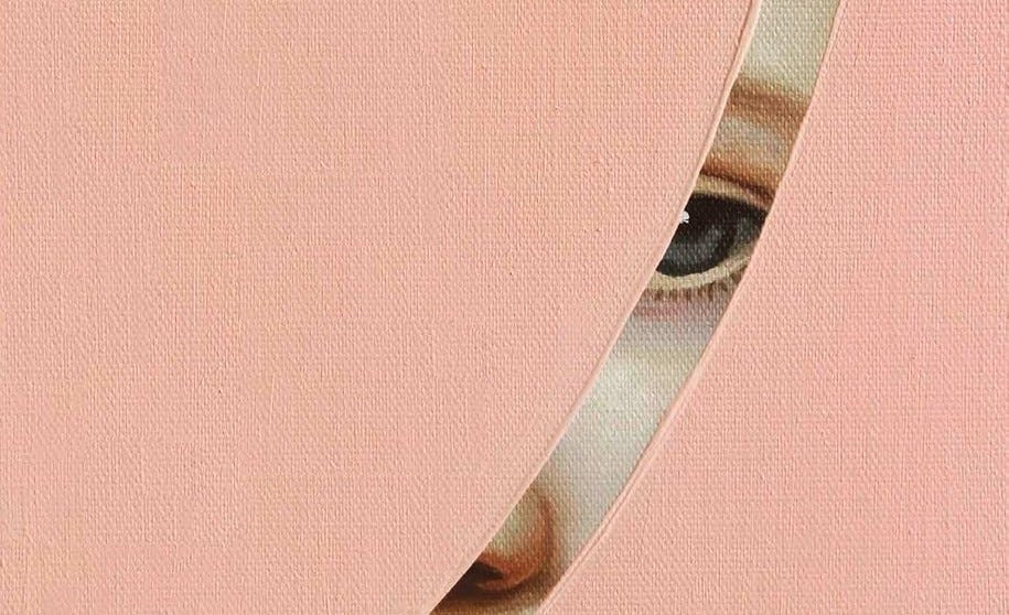 In einem Streifen angedeutetes Gesicht auf rosa Grund.  Ausschnitt des Buchcovers von „Die schönste Version“ von Ruth-Maria Thomas. (Bild: Rowohlt)