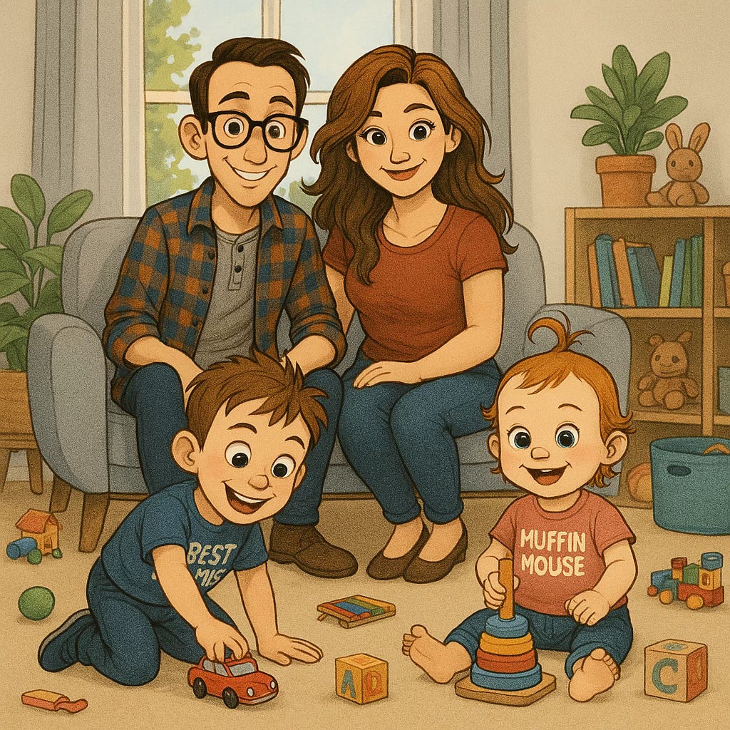 Illustrated portrait of a dad, mom, and two young children playing together in a cozy living room.