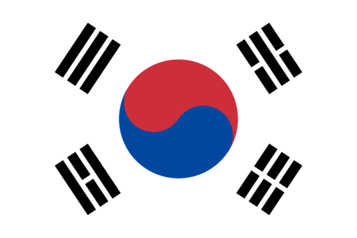 Flag of South Korea, known as the Taegeukgi. A white background with a red and blue swirling circle (taegeuk) at the center, symbolizing the balance of opposing forces. In each corner is a black trigram from the I Ching, composed of three lines representing combinations of yin and yang.