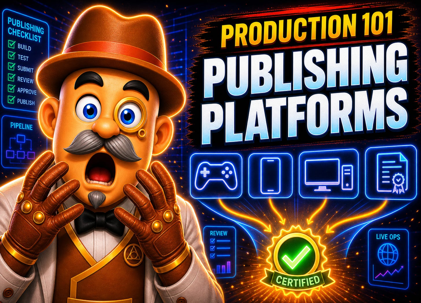 Publishing platforms thumbnail with surprised alchemist, generic console mobile PC icons, and certification badge.
