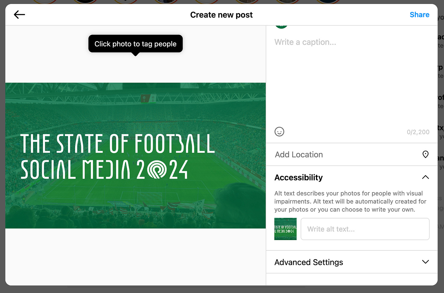 A screenshot of the posting window for Instagram on desktop, with the accessibility tab open A screenshot of the posting window for Instagram on desktop, with the accessibility tab open