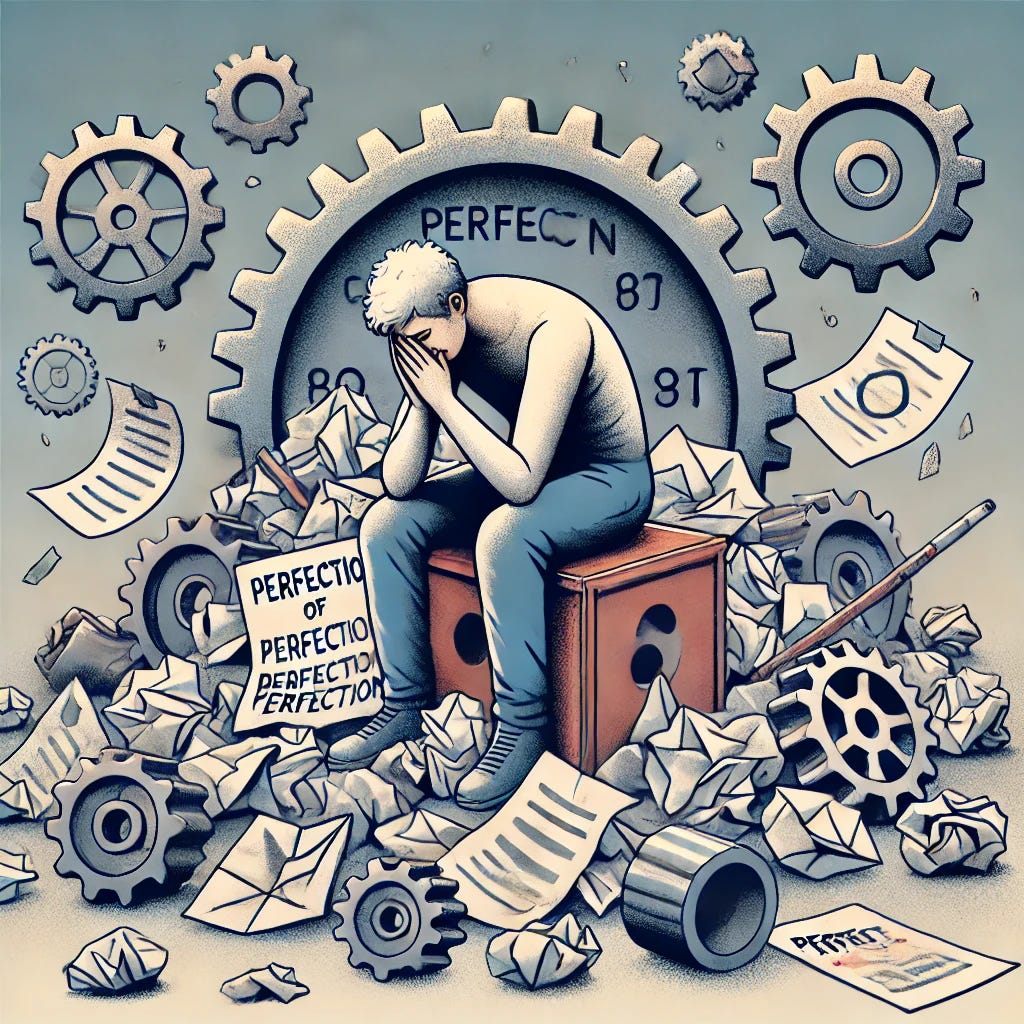 An illustration depicting a person striving for perfection, surrounded by symbols of failure and frustration. The figure appears exhausted and defeated, sitting or standing amidst piles of crumpled papers, shattered gears, and broken pieces of machinery. Their expression is one of frustration, highlighting the struggle and futility of achieving perfection. The environment is chaotic, with signs of hard work but also failure, emphasizing that perfection is unattainable. The color palette is slightly muted to convey the emotional toll of this relentless pursuit.