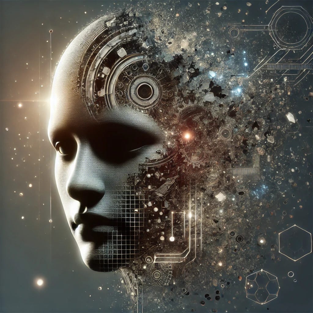 A thought-provoking digital artwork representing the concept of artificial creativity reaching its limits. The image features a humanoid AI figure, partially complete, with mechanical parts breaking into fragments at its edges. Surrounding the figure are abstract, dimming light patterns symbolizing dwindling creativity. The background is dark and minimal, emphasizing a sense of constraints and boundaries, with subtle futuristic details to evoke the theme of artificial intelligence.