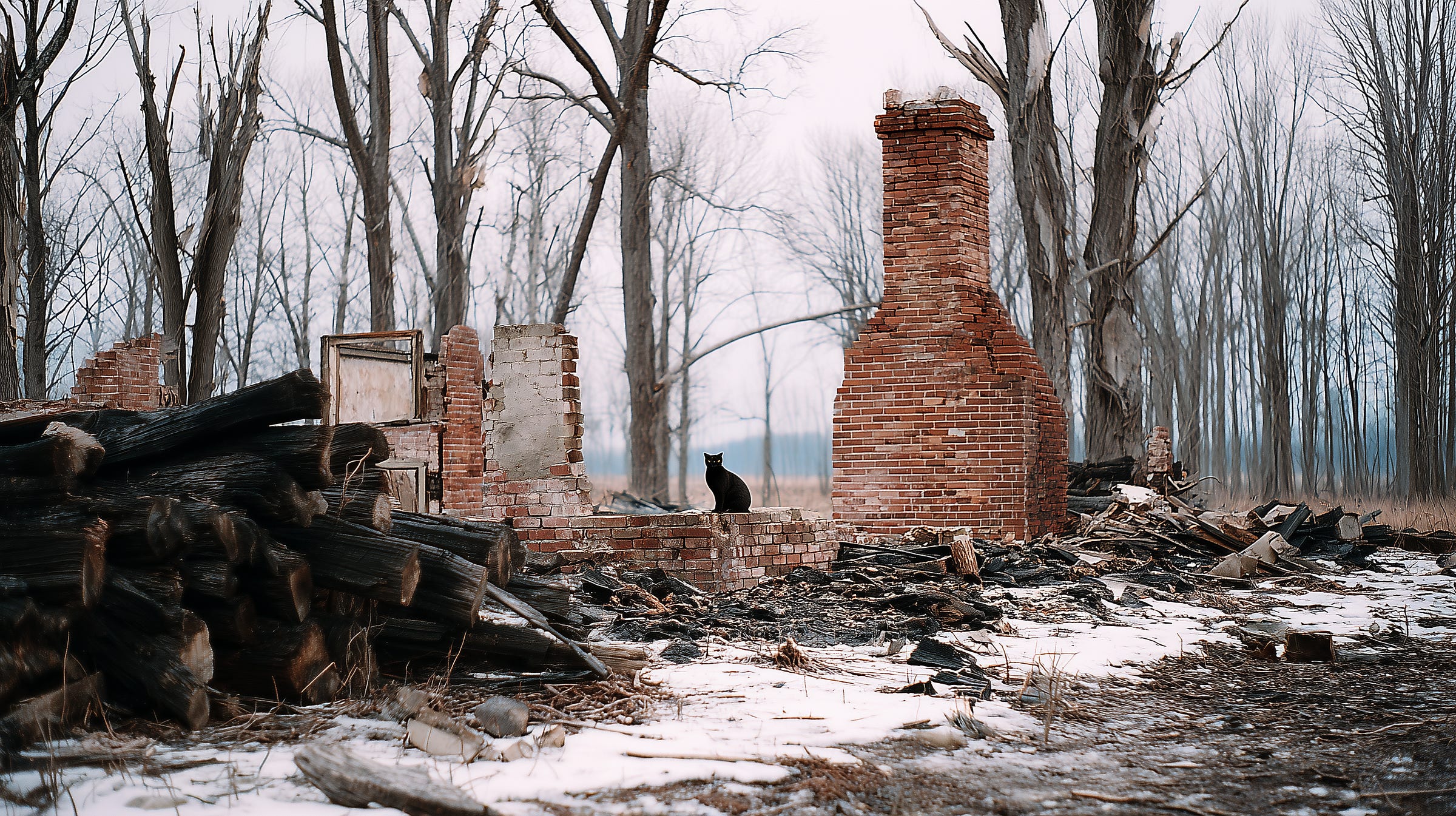 A soot-streaked cat sits solemnly amid the wreckage, its fur singed but eyes alert. Around it, the ruins smolder — broken beams, ash, and twisted metal. In front of the cat rests a pristine replica of a beloved object, untouched by fire. The surreal juxtaposition evokes quiet disbelief: the fake endured, the real was lost.