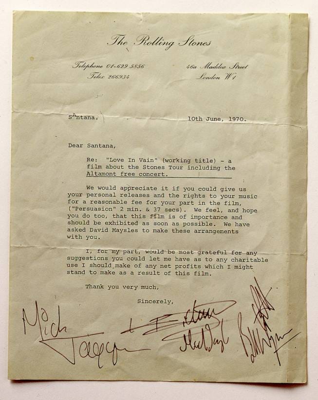 A letter from The Rolling Stones to Carlos Santana asking for permission to use his image and music in the documentary “Gimme Shelter.” A letter from The Rolling Stones to Carlos Santana asking for permission to use his image and music in the documentary “Gimme Shelter.”