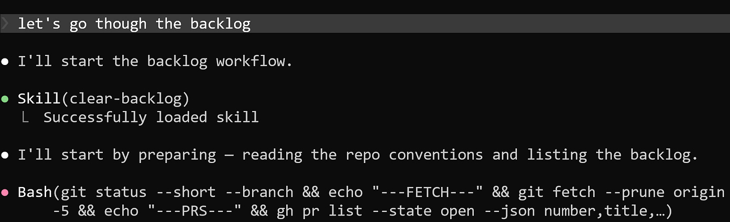 Claude Code loading the clear-backlog skill, reading the repository conventions, and listing the open pull request backlog