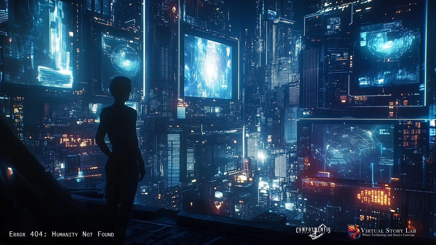Wide shot of a Cybperunk city scene with a silhouetted charcter in the forground