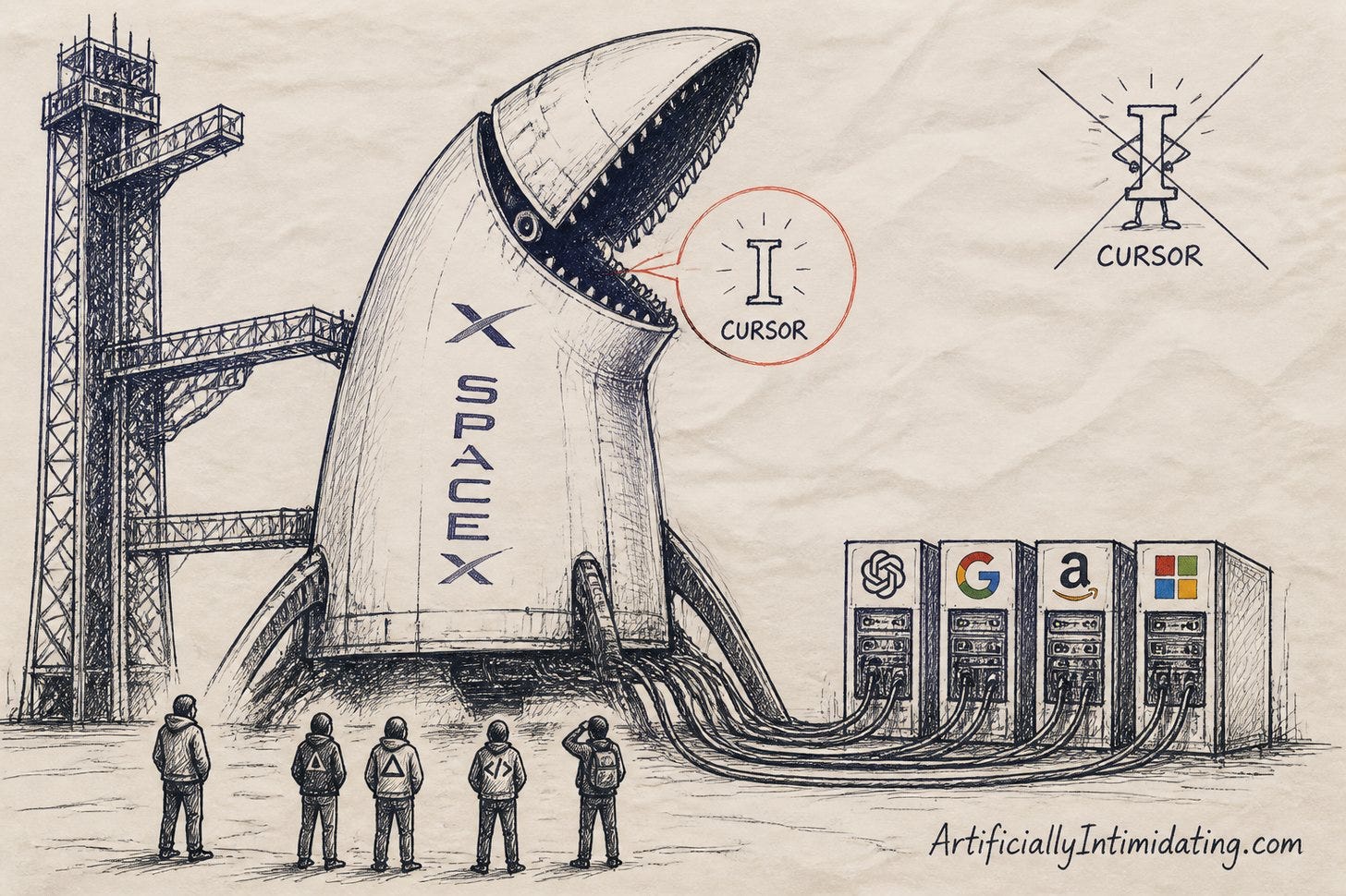 Pen-and-ink editorial cartoon: a colossal SpaceX rocket on a launch pad with its nose cone hinged open like a jaw, swallowing a small glowing text cursor labelled CURSOR. Thick cables run from the rocket into server racks branded with rival tech logos while five tiny hooded developers watch from the ground.