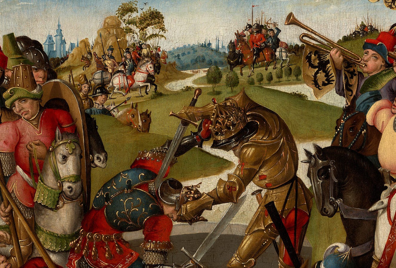 A painting of a group of people fighting with horses

AI-generated content may be incorrect.