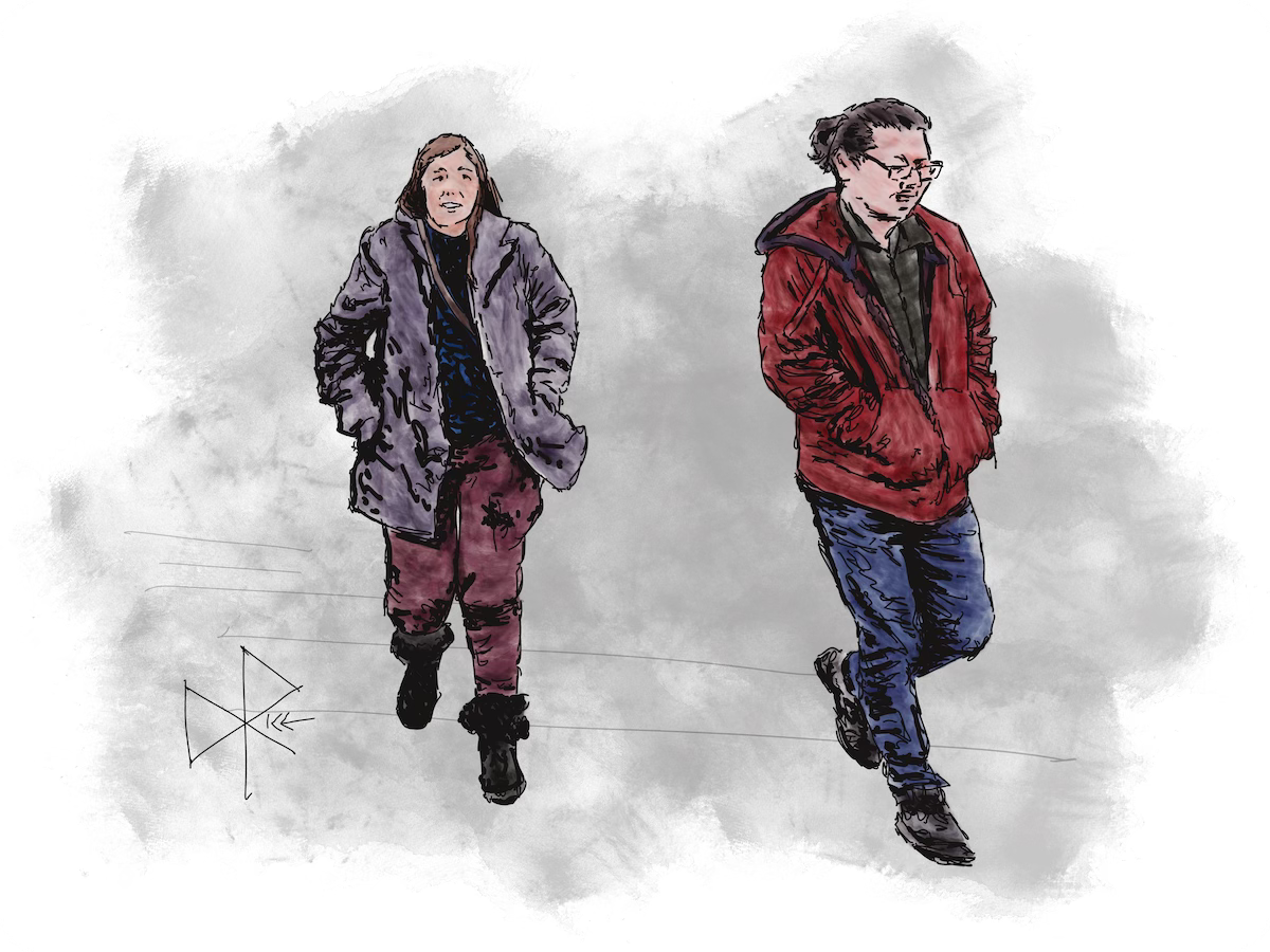 Two people, both with their hands in their pockets to protect them from cool weather, walking on the road at the intersection’s crosswalk. Sketch art by Don Rice.