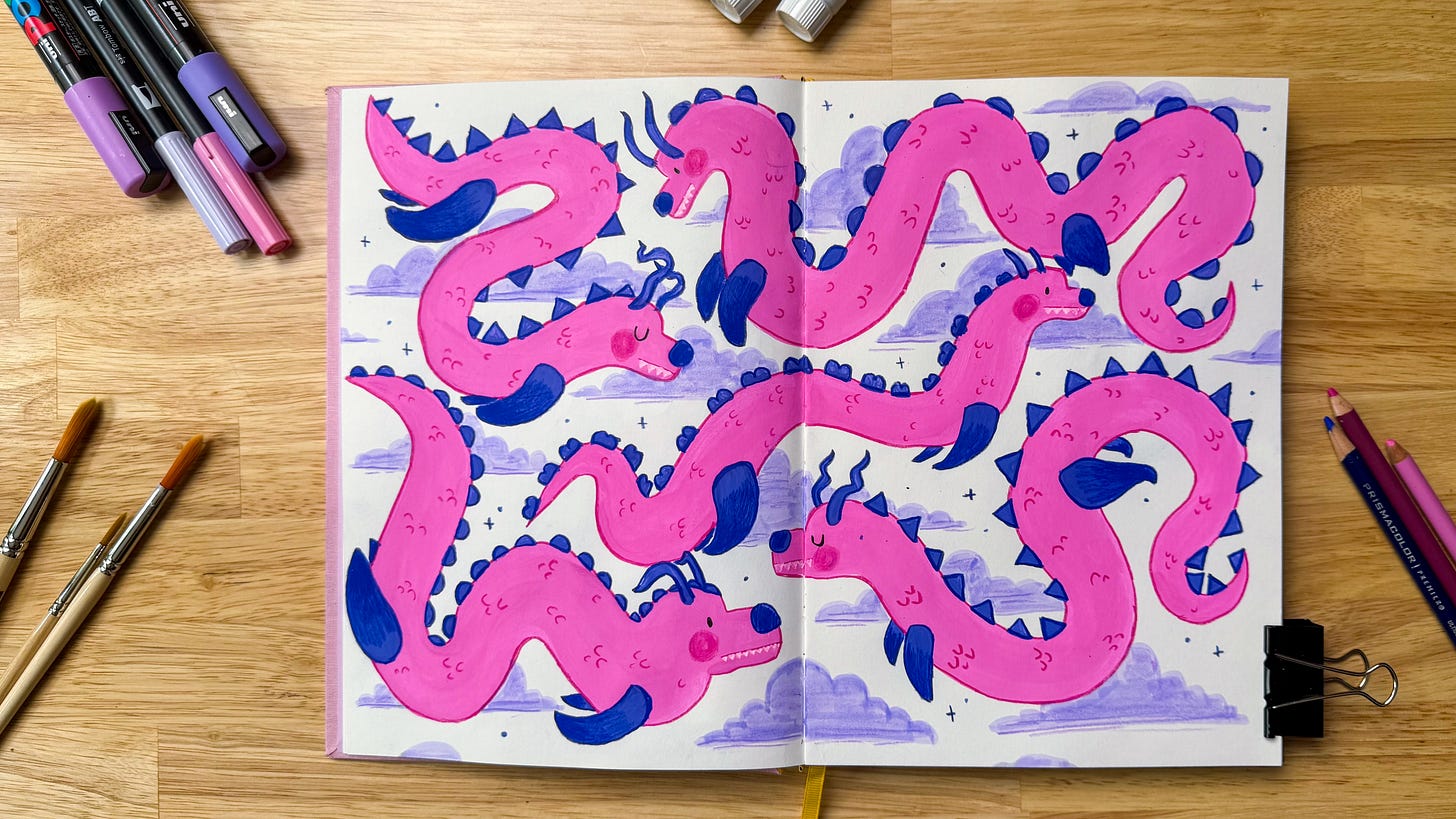 double page spread of a sketchbook showing pink and purple dragons flying through clouds