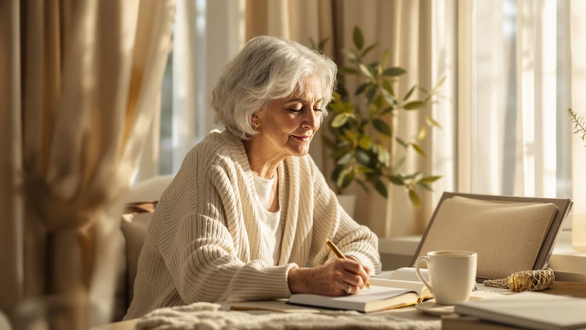 Alt text: An older woman with silver hair sits by a window writing in her journal, morning sunlight warming her face and the cozy room around her.