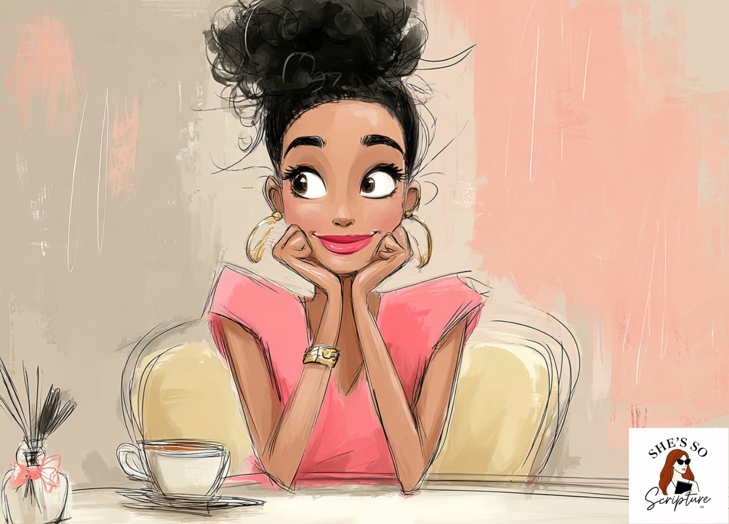 A illustrated woman sitting at a café table holding a coffee cup in soft morning light, rendered in a whimsical fashion illustration style with blush pink and cream watercolor tones. A illustrated woman sitting at a café table holding a coffee cup in soft morning light, rendered in a whimsical fashion illustration style with blush pink and cream watercolor tones.