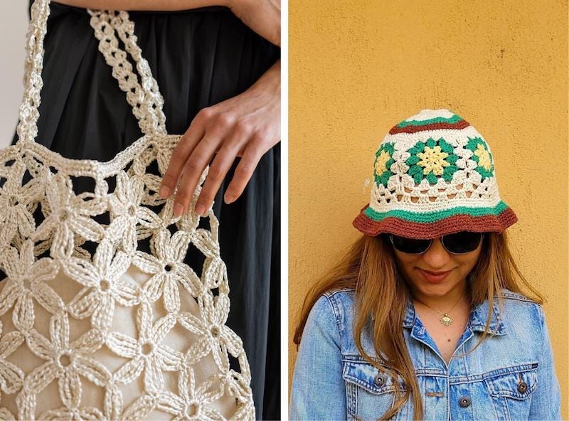 A crochet floral bag and colorful crochet bucket hat A crochet floral bag and colorful crochet bucket hat