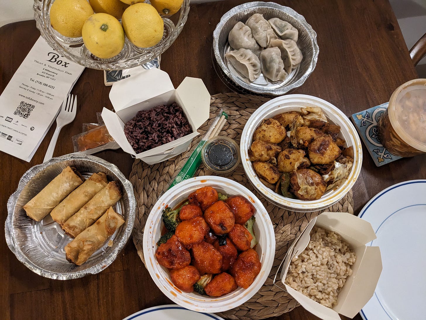 a bunch of takeout from TofuBox vegan chinese