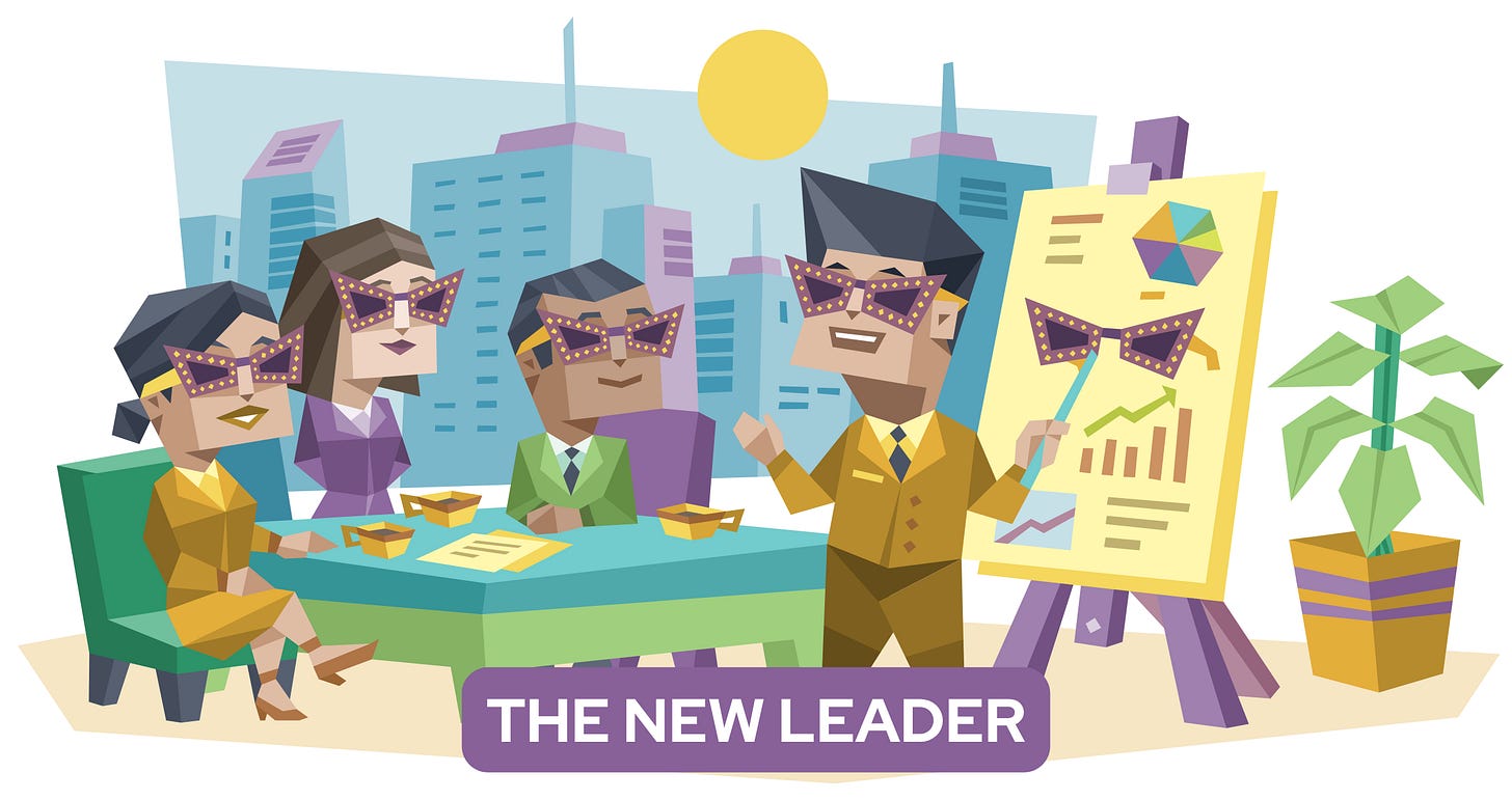 A group of office employees wearing matching purple glasses sit around a conference table while a smiling leader presents charts on an easel. Text in a purple banner reads: The New Leader.