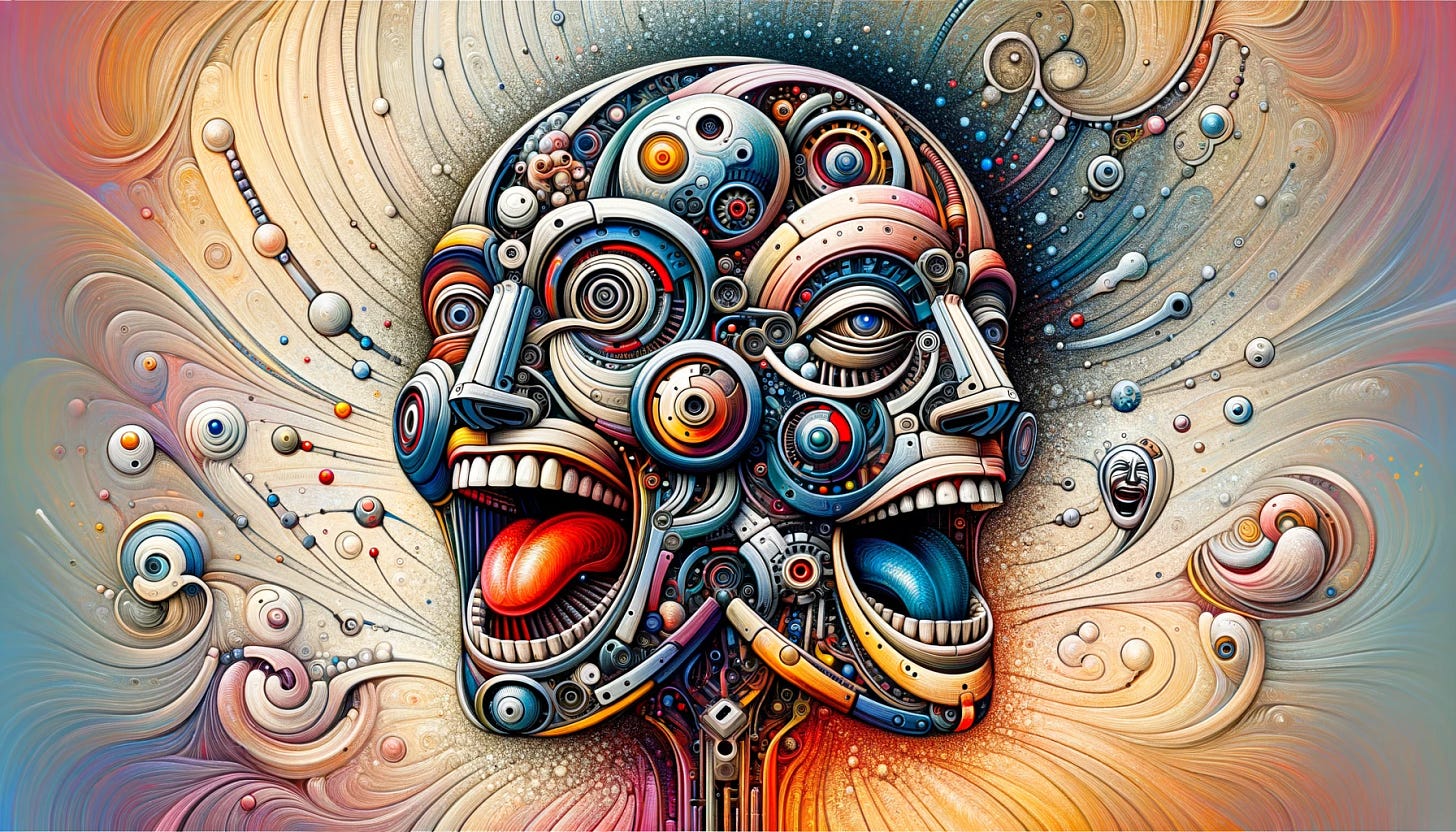 An abstract and surrealistic illustration of a robot displaying emotions in a 3:2 aspect ratio. The artwork should depict the robot in a unique and artistic way, showcasing either laughter or crying, or other vivid emotional expressions. Emphasize surreal elements, blending mechanical and organic features to create a thought-provoking, emotionally resonant image. The composition should be intricate and imaginative, focusing on conveying deep emotional complexity in a non-traditional, abstract manner.