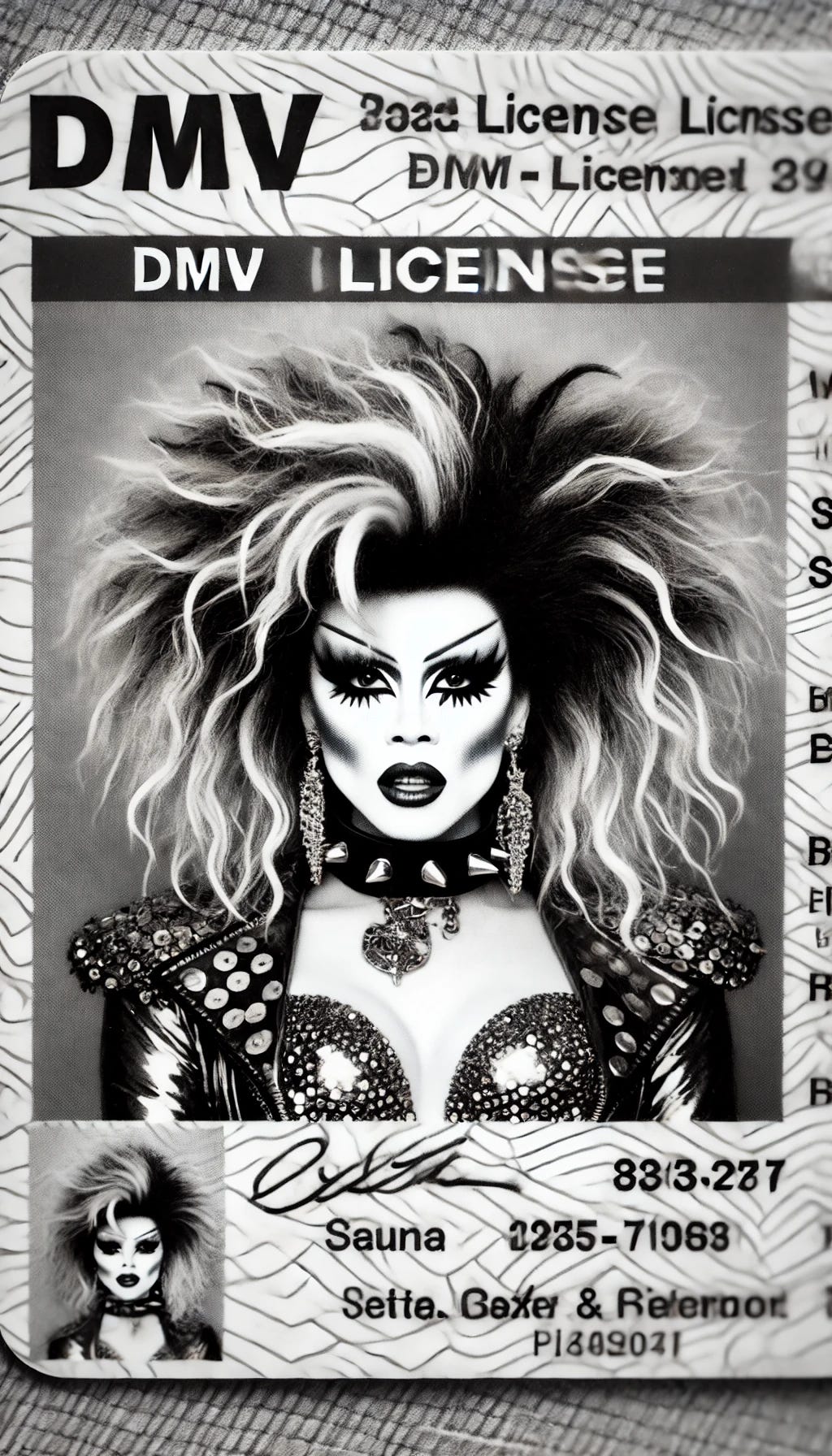A black-and-white DMV license photo of Slutto, dressed in flashy, tight-fitting clothes with sequins, leather, and glitter, posing dramatically. Slutto has wild, neon-colored hair (appearing dark in black-and-white) and expressive makeup with vibrant eyeshadow and statement lipstick, styled in a playful, eccentric manner. The background is a typical DMV setting, and the black-and-white format adds a vintage, humorous contrast to Slutto's flamboyant style.