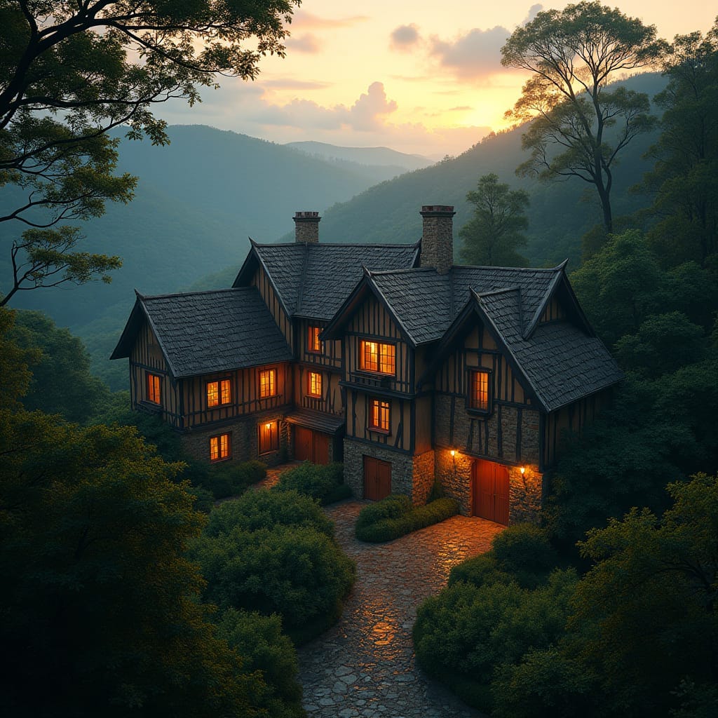 Majestic timber-frame medieval homes nestled in the lush Jamaican landscape, cloaked in a warm, golden light of dusk, as if plucked from a fantasy novel. 