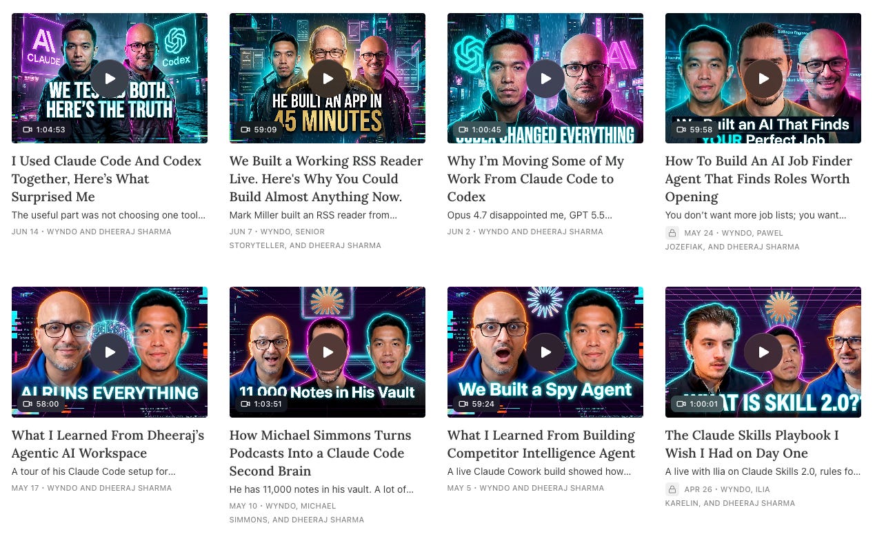 Glif screenshot showing AI-generated video thumbnails for creator workflows, including Claude Code, Codex, RSS reader, and AI agent examples