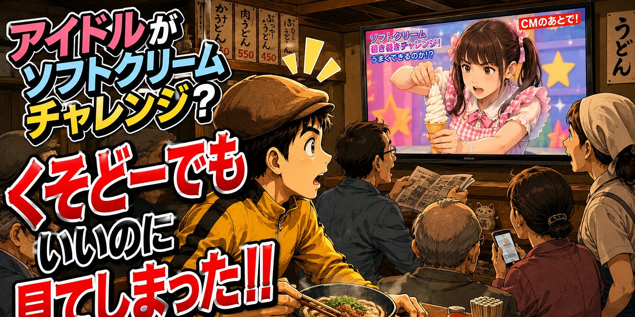 うどん屋のテレビで見た、アイドルがソフトクリームを巻けるかチャレンジ。くそどーでもいいのに見てしまった！