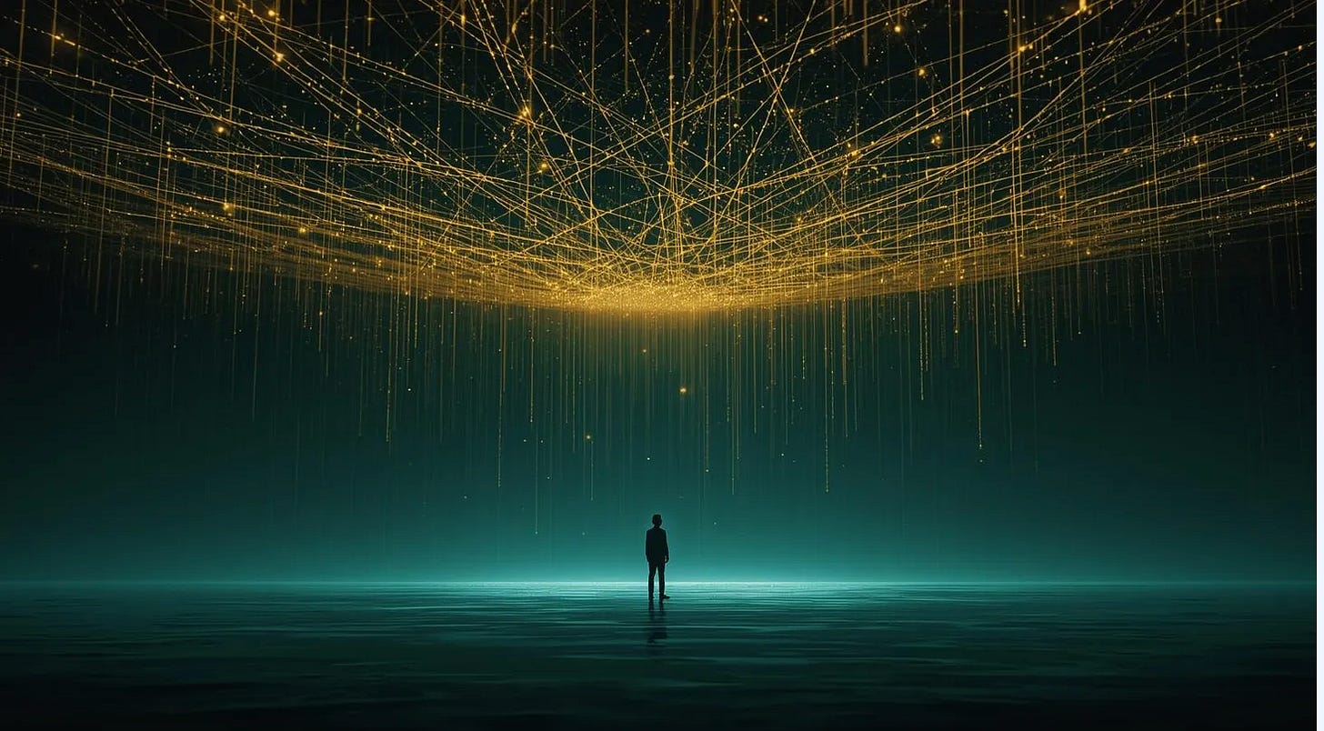 A solitary human figure stands on an illuminated teal-blue ground beneath an infinite canopy of intersecting golden lines and nodes of light suspended in deep teal darkness, suggesting vast networks of connection extending infinitely upward and outward.