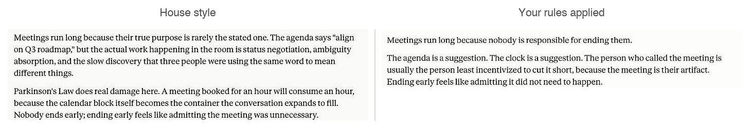 The same request answered twice: house style on the left, rule-following draft on the right