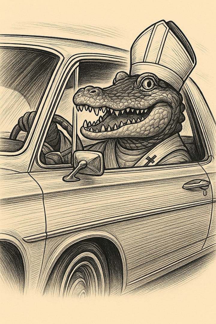 Images of Alligator Pope artist sketches in AI on pastel brown ink campaign is Alligator Pope say what?1. Pope on a lounge chair with Grok drone over golf 2. Town over the Gulf 3. 420 Lowrider Malibu full of weed plants 4. Pope driving the same Malibu with his head and hat out the window