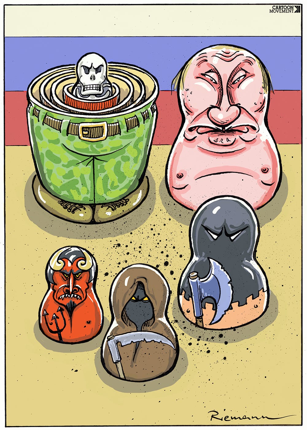 Cartoon showing Putin laid out as a matryoshka doll, with an executioner, the Grim Reaper, the devil and a skeleton inside.