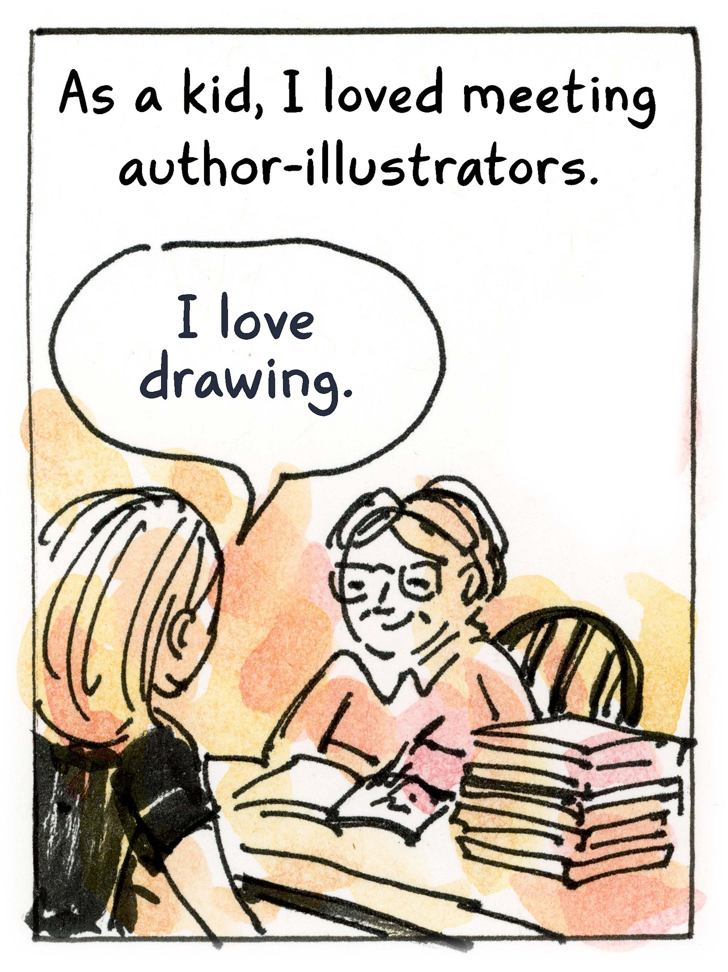 Watercolor comic page by graphic novelist K. Woodman-Maynard about her book launch of her graphic novel adaptation of Tuck Everlasting. 