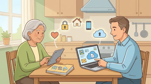 An older woman and a younger man looking at laptops.