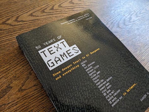 Various images of the casebound hardcover and softcover print-on-demand edition of 50 Years of Text Games.