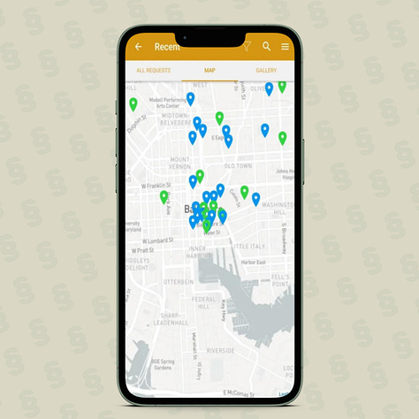 Three screenshots of Baltimore's 3-1-1 iOS Mobile App