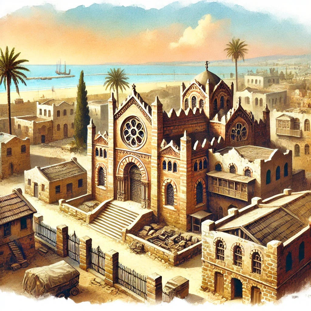 A watercolor-style painting of the Jewish community in Alexandria, Egypt, during the 13th century. The scene features small stone and mud-brick houses with flat roofs, reflecting medieval Egyptian architecture. A prominent synagogue with an arched entrance and intricate detailing stands at the center. The landscape includes palm trees, sand-colored streets, and a view of the Mediterranean Sea in the background. The sky is warm and slightly hazy, evoking a historic atmosphere.