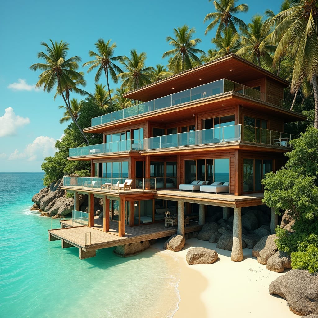 A luxurious, 3-story, 10-bedroom Jamaican timber home, with large windows, elevated platforms, and glass pools cantilevered over the turquoise Caribbean Sea, set on the picturesque 7 Mile Beach in Negril Town, Jamaica. Weathered wooden accents, lush tropical foliage, and rugged rock formations surround the modern, elegant structure.