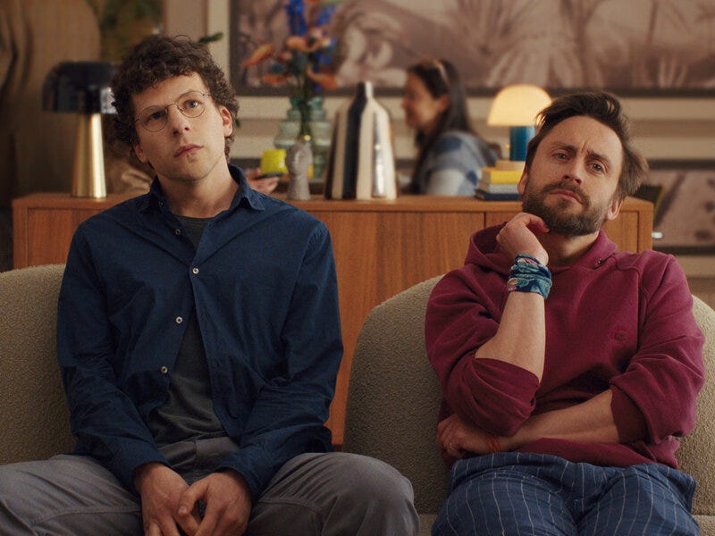 Still from the film A Real Pain with Jesse Eisenberg and Kieran Culkin