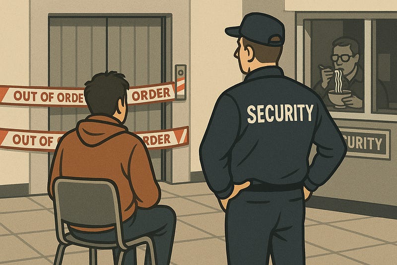 A cartoon-style illustration of a man sitting on a chair facing a taped-off “Out of Order” lift. His back is to the viewer. A security guard stands nearby with “SECURITY” on his jacket, also facing the lift. In the background, another guard is visible behind glass, eating noodles. The scene feels absurdly calm given the situation. A cartoon-style illustration of a man sitting on a chair facing a taped-off “Out of Order” lift. His back is to the viewer. A security guard stands nearby with “SECURITY” on his jacket, also facing the lift. In the background, another guard is visible behind glass, eating noodles. The scene feels absurdly calm given the situation.