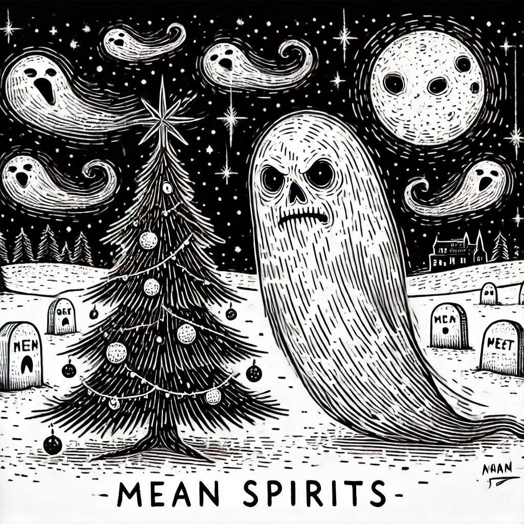 Title image for Mean Spirits: ghosts in grave yard with Christmas tree