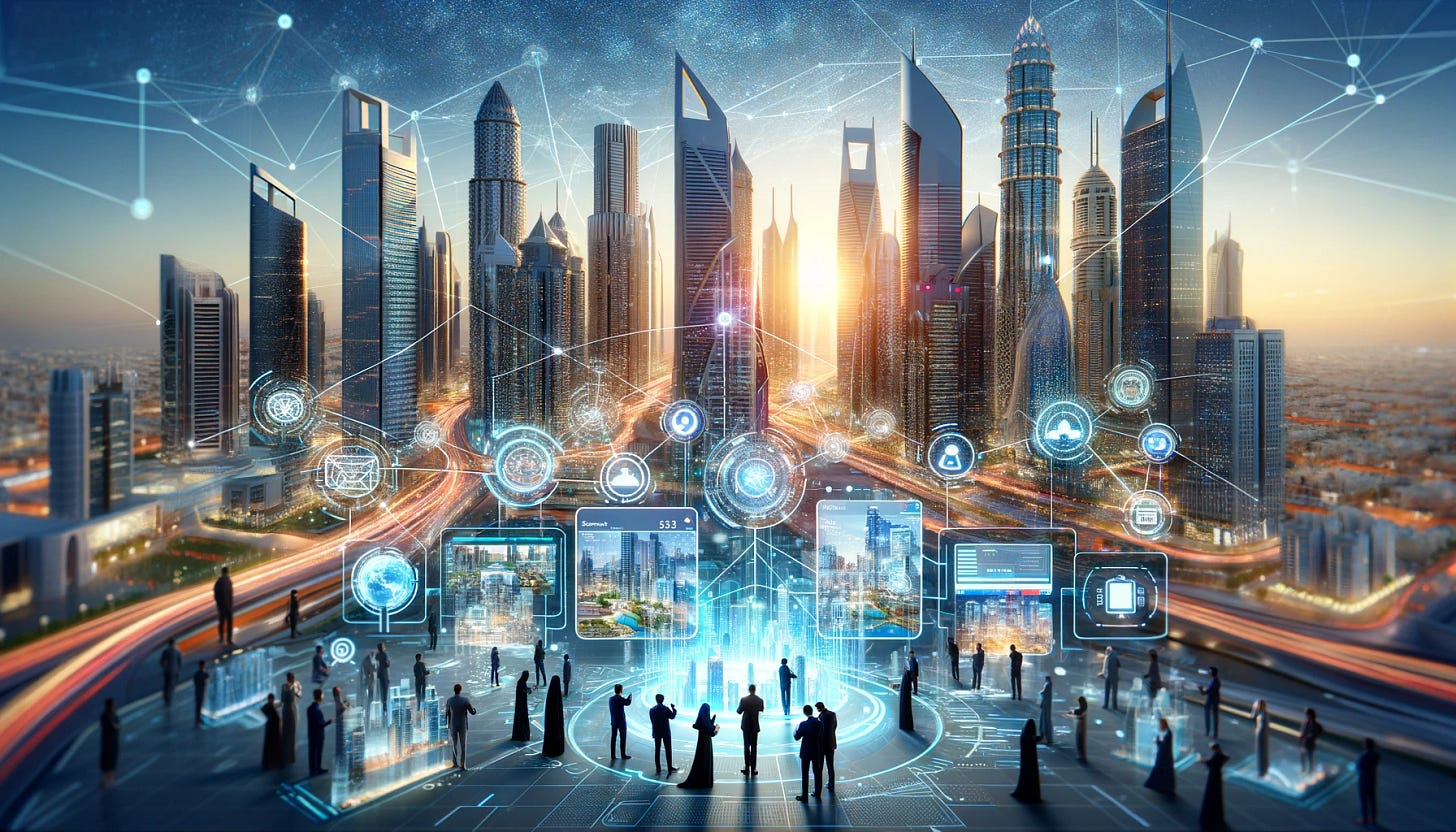 Visualize an innovative and dynamic scene that represents the revolution of real estate investments in the Arab world through open banking. Imagine a futuristic cityscape in the Arab world, with skyscrapers that blend modern architecture with traditional Arab designs. Overlay digital networks and data streams connecting these buildings, symbolizing the flow of information and financial transactions enabled by open banking. In the foreground, a diverse group of investors and real estate professionals are gathered around a digital interface showcasing properties, investment analytics, and open banking apps. The atmosphere is energetic and forward-looking, highlighting the potential for growth and efficiency in real estate investments powered by technological advancements. This scene captures the essence of how open banking is set to transform the real estate sector in the Arab world, making it more accessible, transparent, and efficient.