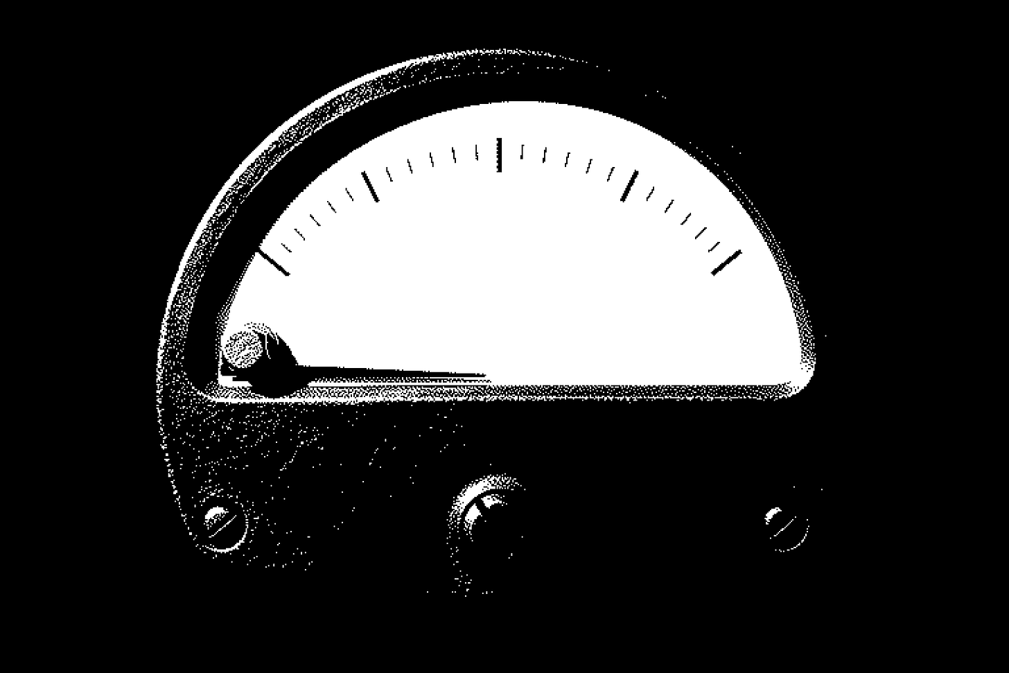 An old industrial measuring meter seen straight on against pure black, with a white half-moon dial and its scale printed as a single arc across the top half only, like a speedometer. The long thin black needle lies flat at the far-left end of the arc