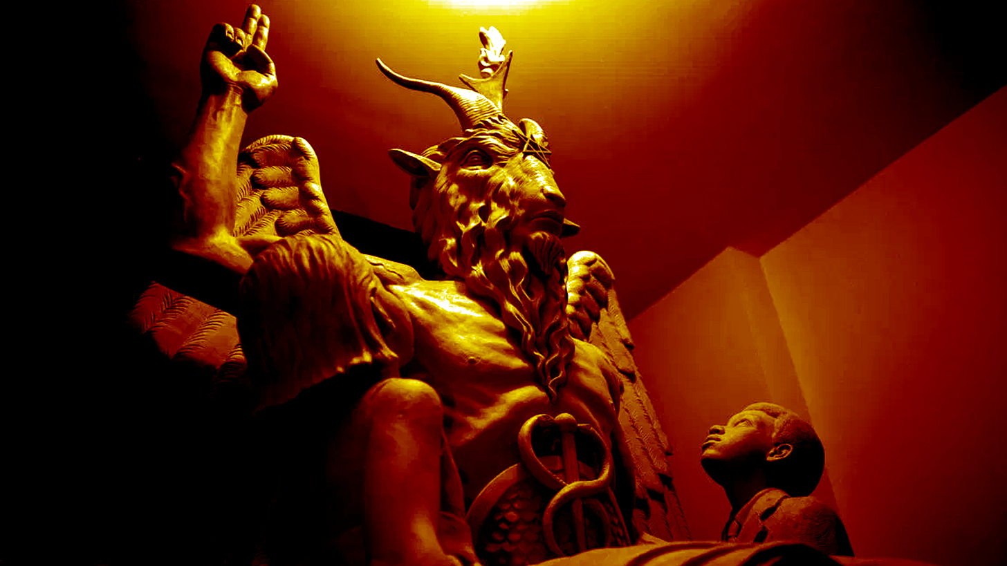 two children staring up loving into the face of the Baphomet, the Sabbatic goat