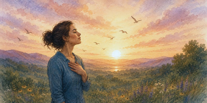 Woman standing peacefully at sunset, symbolizing self-trust and confidence in making her own choices. Woman standing peacefully at sunset, symbolizing self-trust and confidence in making her own choices.