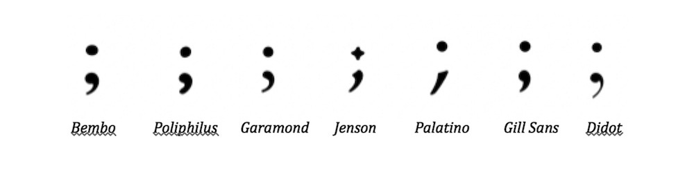 seven semicolons in different fonts