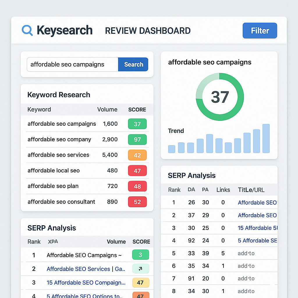 “Keysearch review dashboard showing keyword research and SERP analysis features for affordable SEO campaigns.” “Keysearch review dashboard showing keyword research and SERP analysis features for affordable SEO campaigns.”