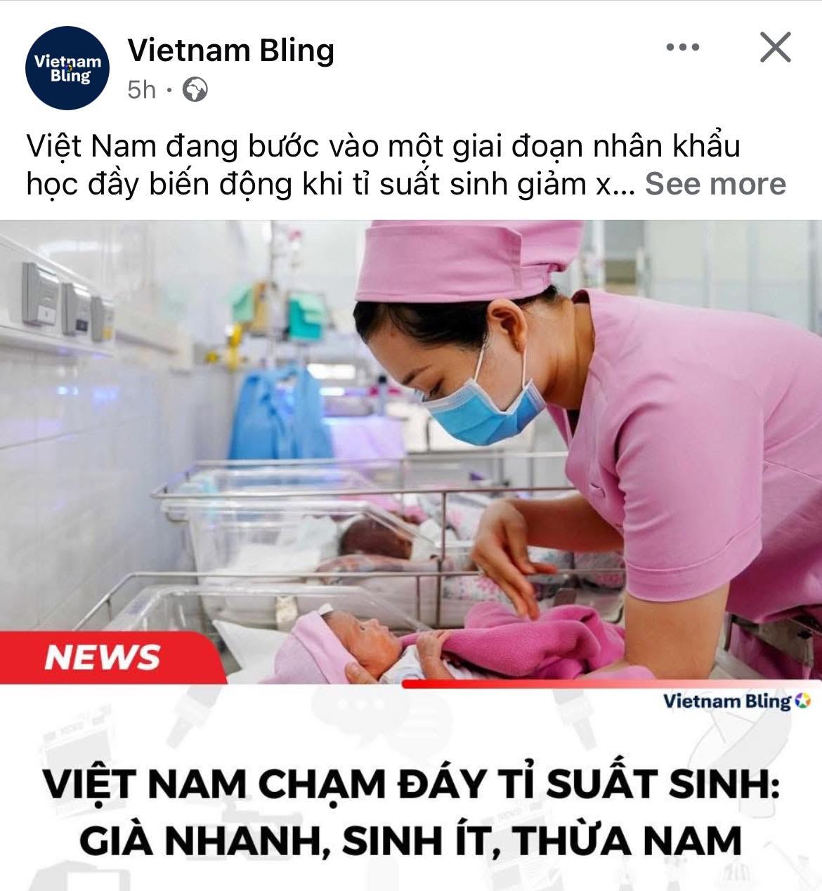 May be an image of 1 person and text that says "Vietnam Bling Vietnam Bling 5h ·· Việt Nam đang bước vào một giai đoạn nhân khầu học đầy biến động khi tỉ suất sinh giảm X... See more NEWS Vietnam VietnamBling Bling VIỆT NAM CHẠM ĐÁY TỈ SUẤT SINH: GIÀ NHANH, SINH ÍT, THỪA NAM"