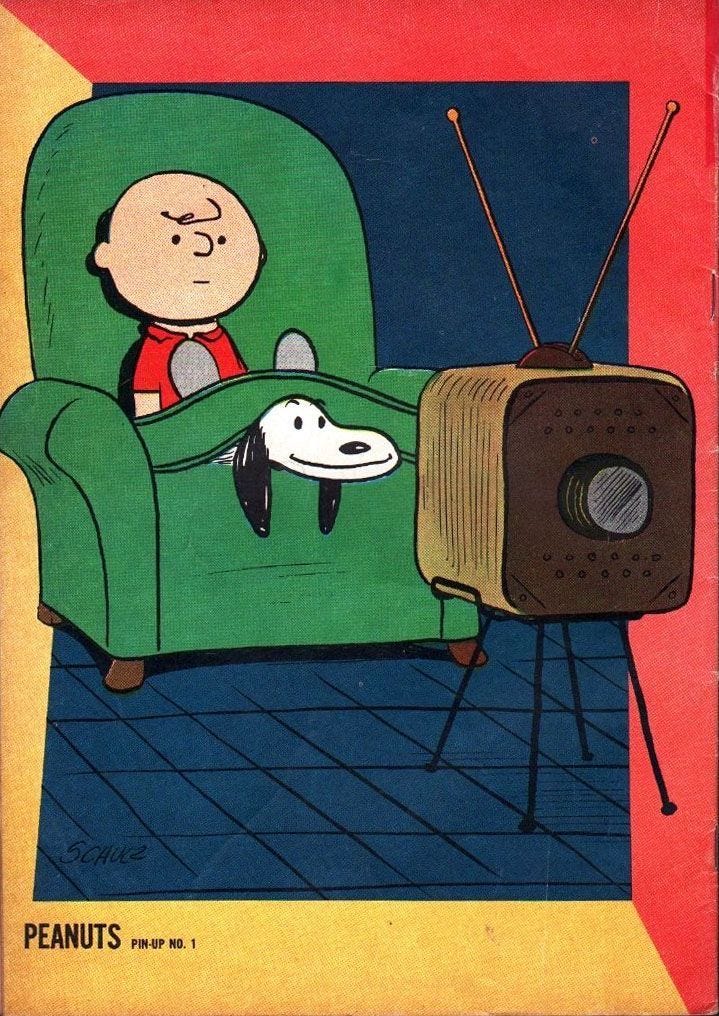 This may contain: a cartoon character sitting in a green chair with a dog on the floor next to a television This may contain: a cartoon character sitting in a green chair with a dog on the floor next to a television