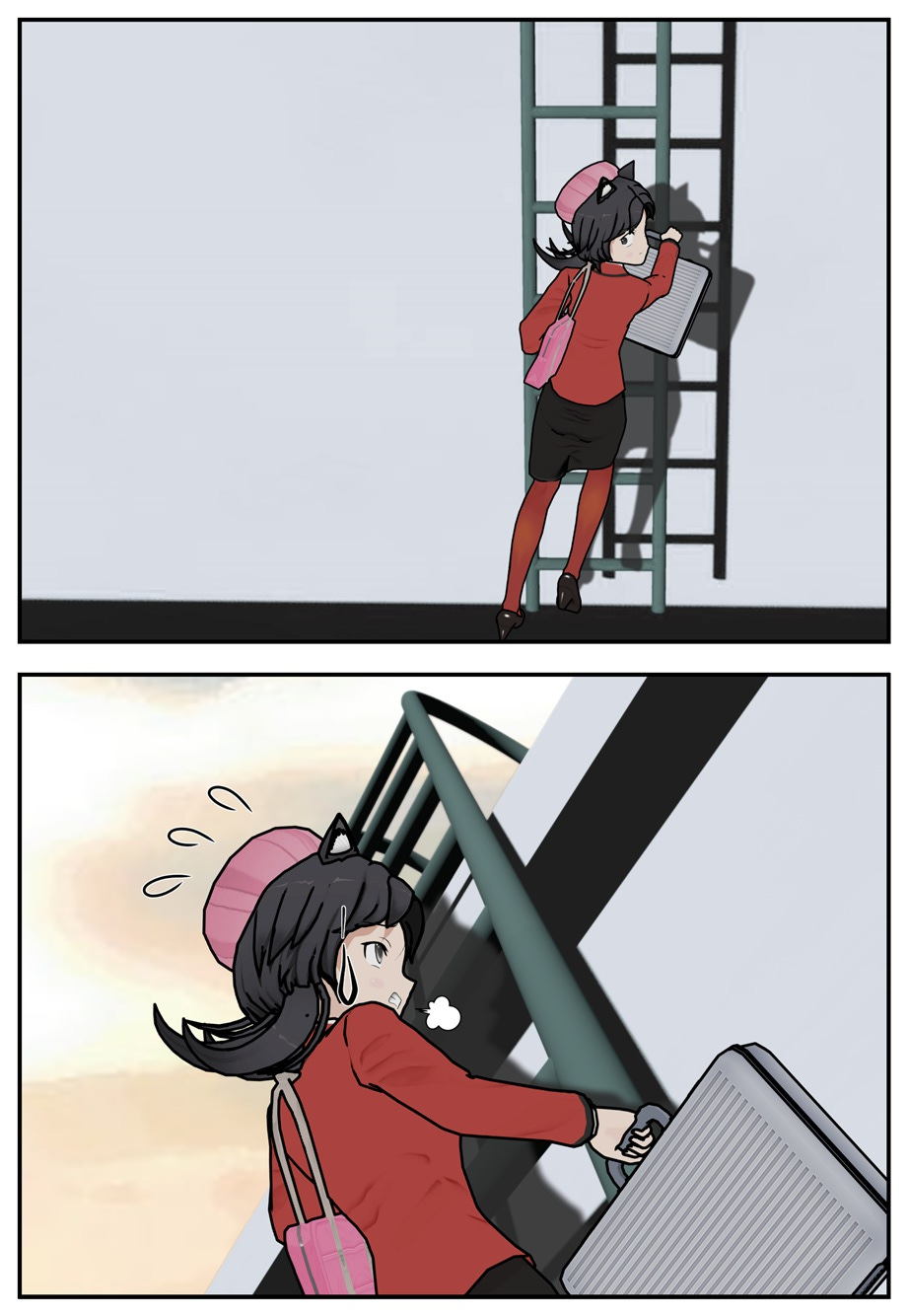 Rae climbs up a fire escape ladder, fighting exhaustion.