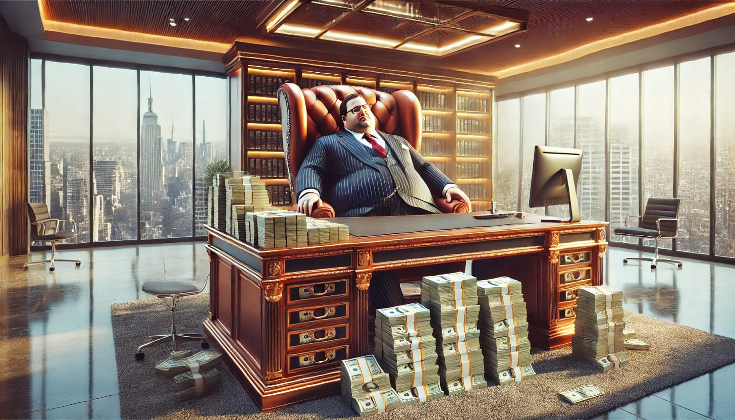 A realistic digital artwork of a corporate executive sitting behind an oversized luxurious desk in a modern office. The executive is depicted as overweight, wearing an expensive business suit, and smugly leaning back in a large, leather office chair. The desk is covered with large piles of neatly stacked dollar bills, exuding a sense of excessive wealth and power. The background features a panoramic cityscape visible through floor-to-ceiling windows, adding to the theme of corporate success. The lighting is warm and opulent, emphasizing the grandeur of the scene.